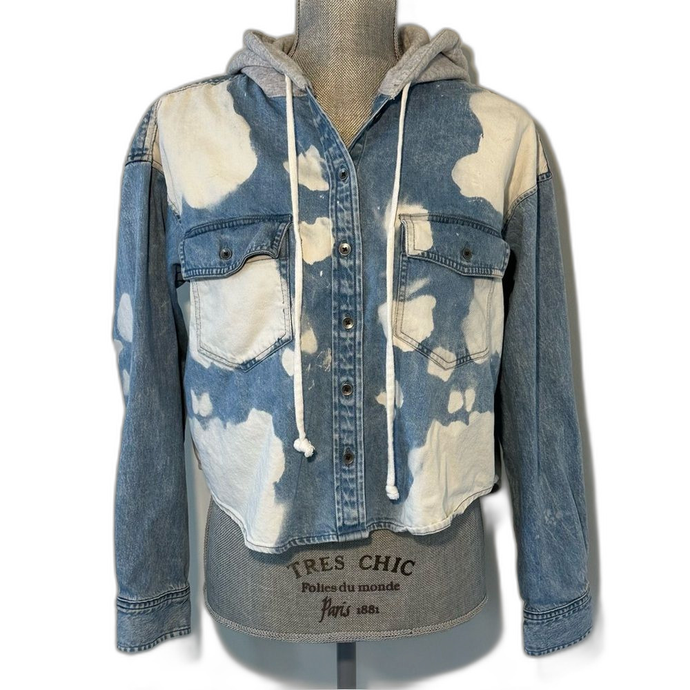 American Eagle Women’s SZ S Casual Denim Bleached Hooded Jacket Coat 90s Shacket